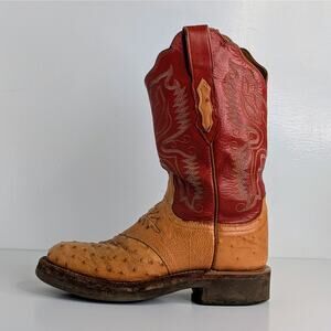 Lucchese Ostrich Goat Skin Boots 7 Red Tan Western Cowgirl Aesthetic Vintage